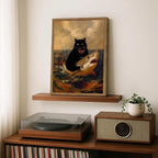 Funny Black Cat Wall Art Whimsical Cat Riding a Shark Wall Decor Picture Unique Animal Ocean Poster Canvas Painting Prints for Bedroom Living Room 12x16 inch Framed