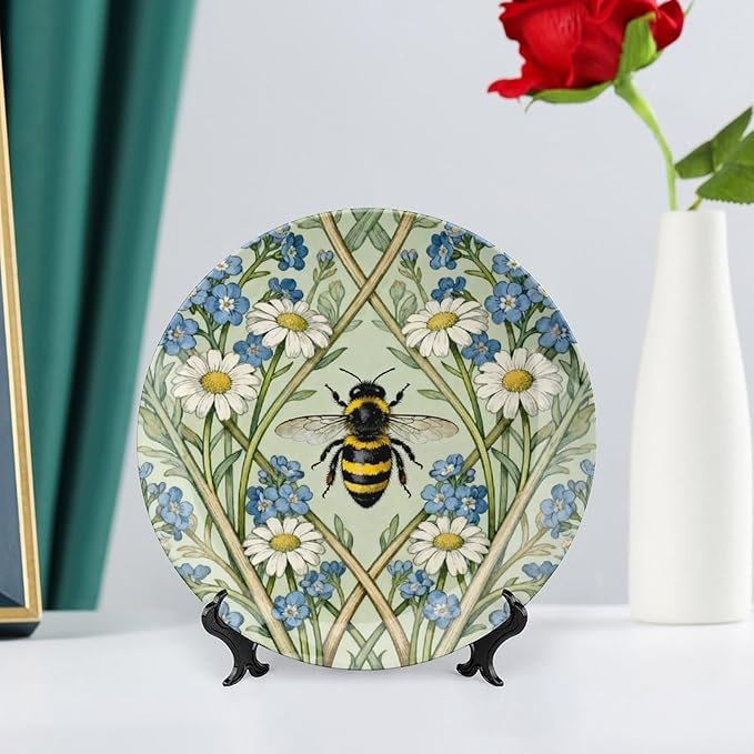 Home Decorations Plates Ceramic, William Morris Flowers And Bees Customize Christmas Gifts Ceramic Dinner Plates for Art Decoration Table Festival Decor, with 1 Display Stand