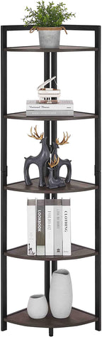 FATORRI Rustic Tall Corner Shelf, 5 Tier Industrial Corner Bookshelf for Living Room, Dark Wood and Metal Corner Plant Stand for Home Office (Walnut Brown)