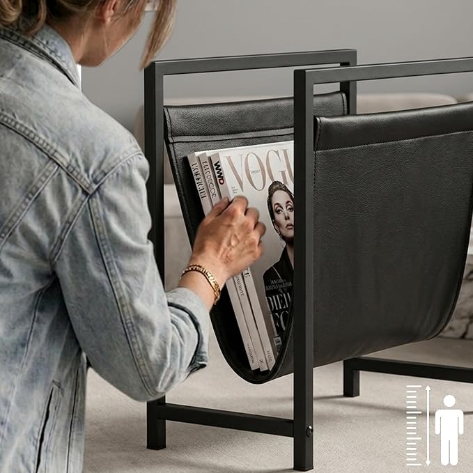 Modern Magazine Rack for Living Room and Office | Freestanding Metal and Leather Magazine Holder | Contemporary Storage Organizer for Books, Newspapers | Minimalist Home and Lounge Decor (Black)