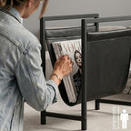Modern Magazine Rack for Living Room and Office | Freestanding Metal and Leather Magazine Holder | Contemporary Storage Organizer for Books, Newspapers | Minimalist Home and Lounge Decor (Black)