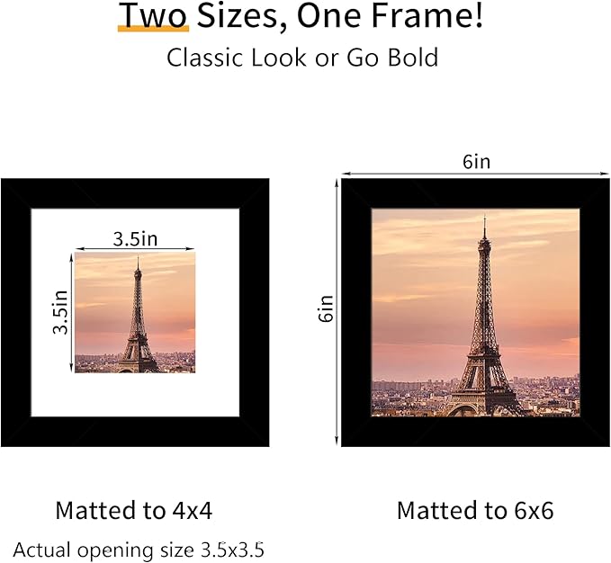 6x6 Picture Frame 3 Pack - Black Poster Frame Display Pictures 4x4 with Mat or 6 x 6 Without Mat for Wall Hanging Horizontal and Vertical
