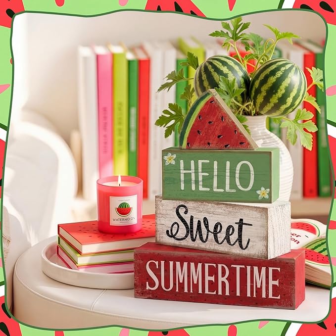 Moucuny 4 Pcs Summer Wooden Table Decor Watermelon Tiered Tray Decor Farmhouse Table Decoration Hello Sweet Watermelon Book Block Summer Decoration for Home Office Kitchen Mantel Shelf
