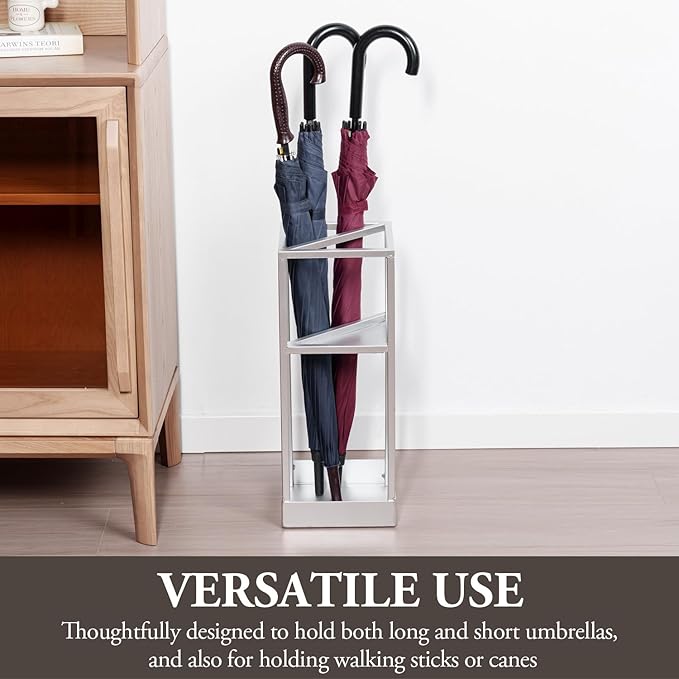 MyGift 20 Inch Tall Modern Silver Tone Metal Geometric Freestanding Entryway Umbrella Rack or Cane Holder with Shelf for Small Umbrellas and Bottom Drip Tray