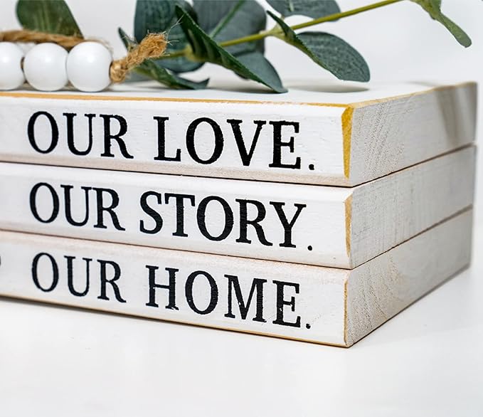 3 Pieces Wooden Decorative White Books, Rustic Farmhouse Faux Books for Coffee Table Shelves with Wood Bead Tassels and Leaves, 7'x 4.6'x 2.5' (Our Love, Our Story, Our Home)