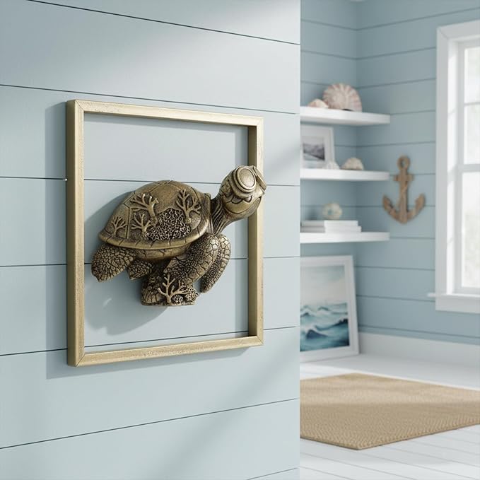 Newinhome Animal Heads Wall Decor (Includes Metal Frame) Resin sea turtle Sculptures Wall Hanging Decoration Gold vintage Wall Sculpture for Living Room Bedroom Office(Turtle)