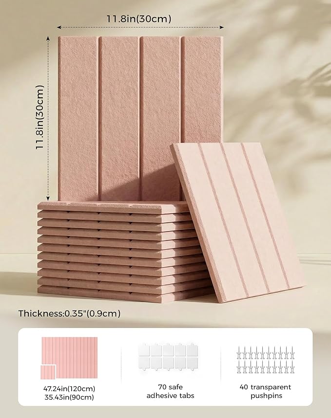 Aothia 12-Pack Felt Bulletin Board Tiles - 48x36 Modular Pin Board for Walls, 0.2" Thick Cork Board Alternative for Office & Classroom, 70 Adhesive Tabs & 40 Pushpins Included (Pink)