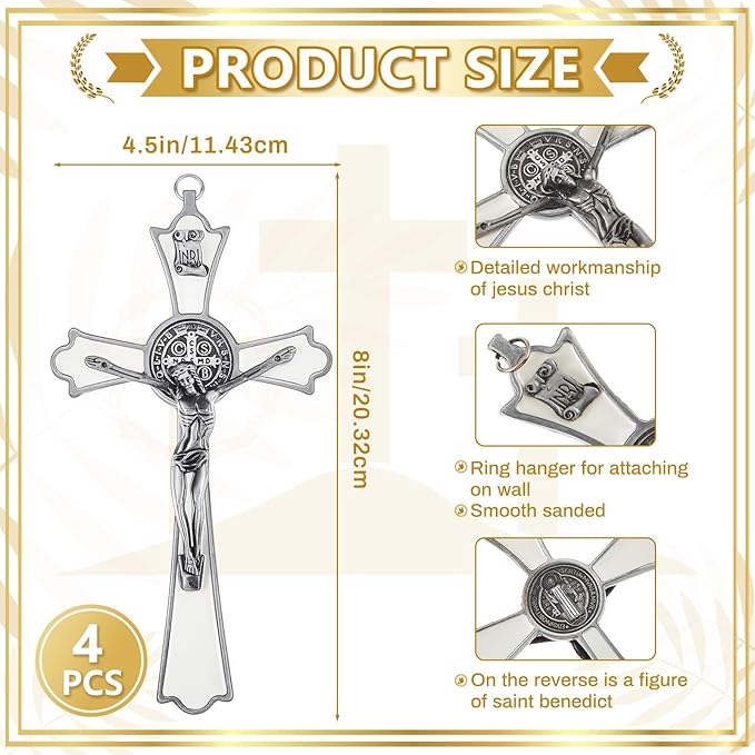 Leinuosen 4 Pcs Crucifix Wall Cross 8 Inch Saint Benedict Enamel Crucifix Metal Sacred Catholic Cross Saint Benedict Metal Wall Art for Spiritual Faith Gift Blessing Baptism Rosary Holy Decor