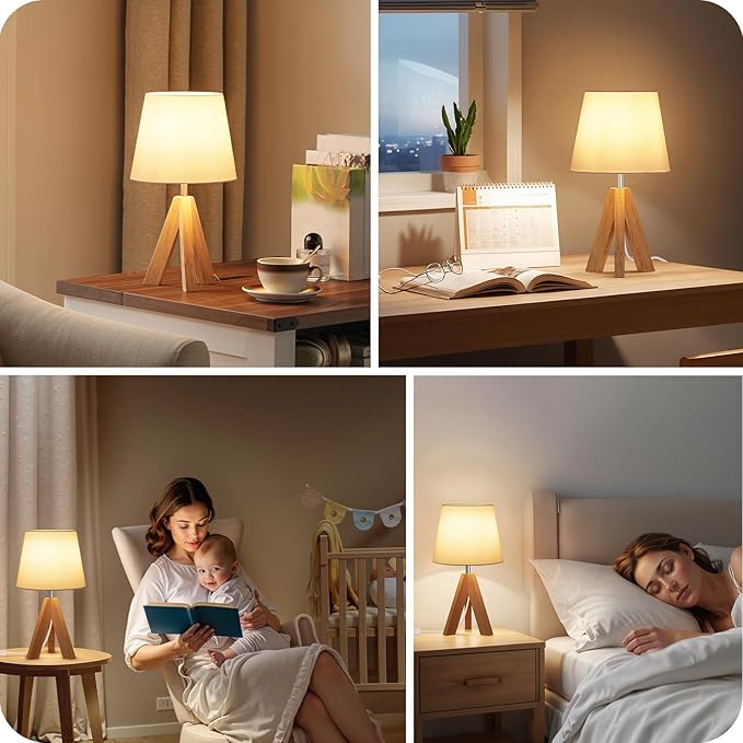 Small Tripod Table Lamp, Modern Nightstand Lamp with Fabric Shade, Boho Bedside Wood Desk Light for Bedroom, Kids Room, Living Room, Office, Study, White, W51TL05