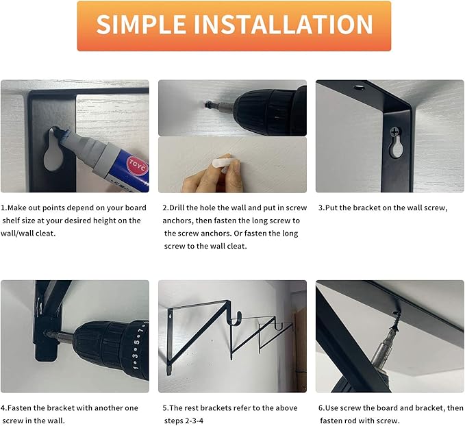 Kunzye 2 Pack Heavy Duty Closet Shelf & Rod Brackets, Black Steel, Wall Mount, Clothes Hanger Pole Support, Closet Shelves Bracket with Rod Shelving Support