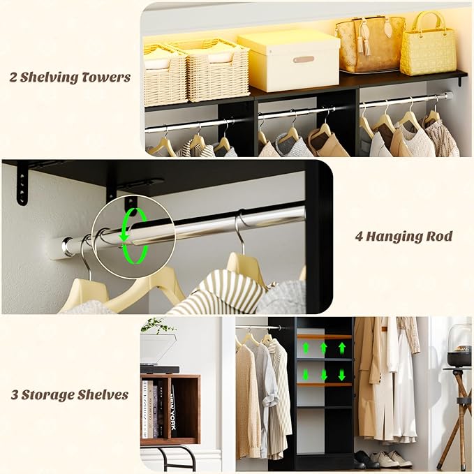 48" Closet Organizer System, 4FT Closet System for Small Closets with 4 Hanging Rods & 3 Shelves, 80"H Small Closet Organizers and Storage for Bedrooms, Cloakrooms, Black