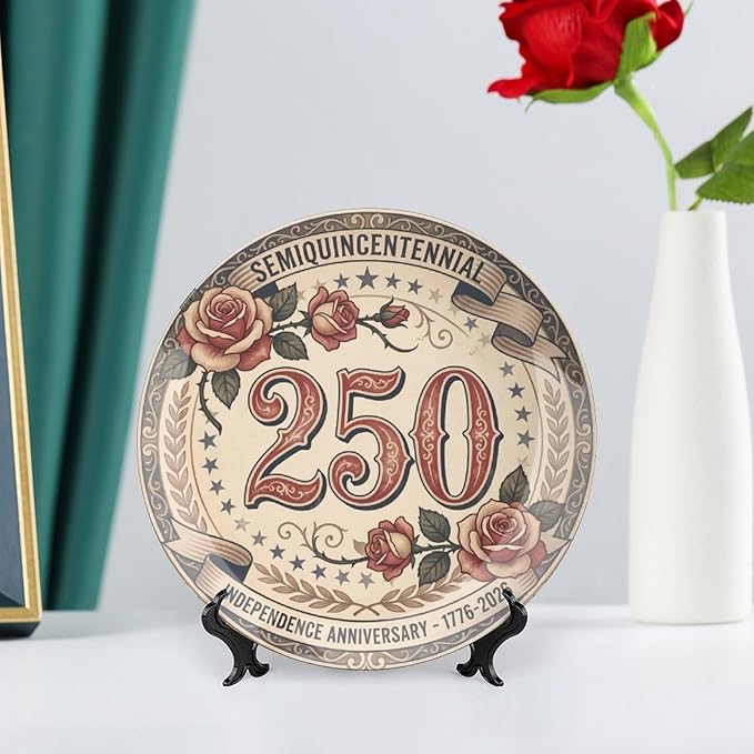 250th Anniversary Decorative Plates 8 Inch Vintage Floral Patriotic Decorations Commemorative Plates with Stand Semiquincentennial 4th of July Veterans Day Home & Office