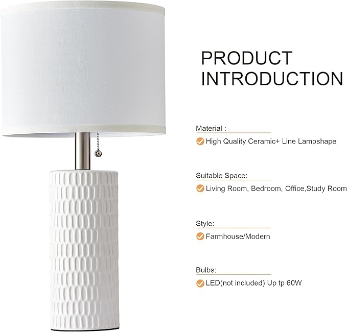 Reaketon 20" Small Ceramic Table Lamps for Bedroom Set of 2, Modern Table Lamps for Night Stands, Living Room, Home Office and Hallways, White