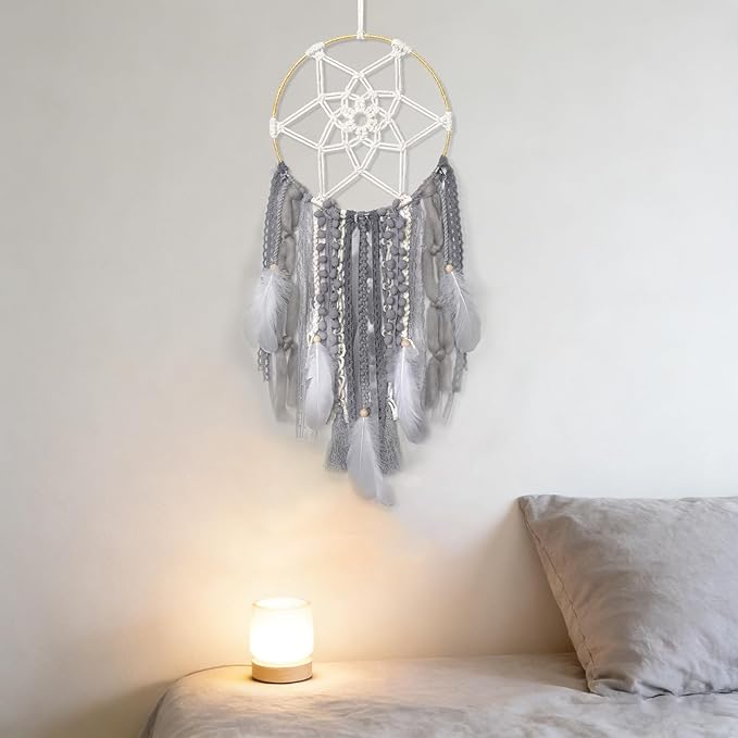 LOMOHOO Large Dream Catcher Handmade Feather Dreamcatcher, Traditional Dream Catchers with Woven Tassels Boho Wall Hanging for Girl Kids Bedroom Baby Room Home Decor Craft Ornament Gift (Grey)