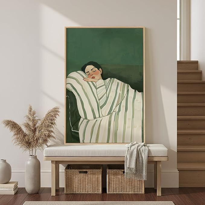 Framed Woman Bedroom Wall Art, Large Cozy Woman Canvas Painting for Room Decor, Relaxing Minimalist Artwork for Walls, Green Picture Print for Nursery Guest Room Hallway Wall Art Decor, 24x36 Inch