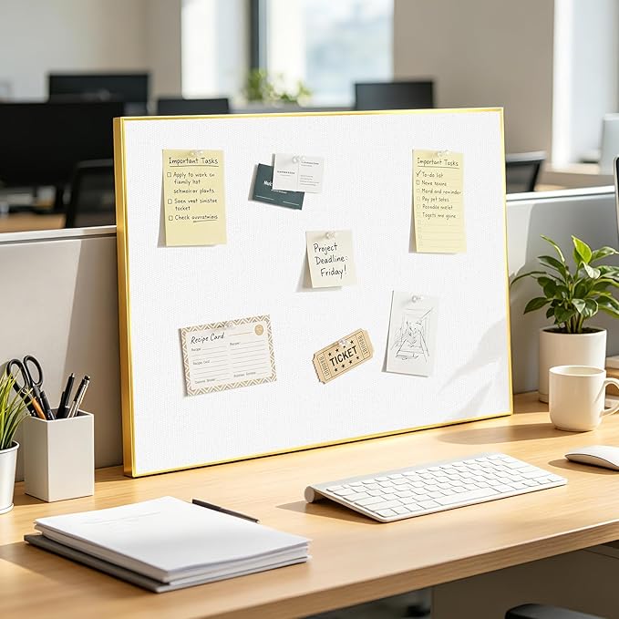 Linen Bulletin Board 36" x 24", White Fabric Pin Board with Gold Aluminum Frame, Decorative Vision Board for Home Office, Bedroom & Dorm Wall Decor, Includes 10 Push Pins