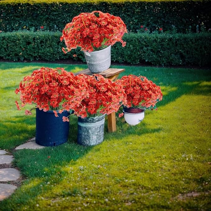 12Pcs UV Resistant Artificial Flowers Artificial Violet Outdoor Decor Realistic Faux Plants Silk Flowers No Fade for Patio Hanging Baskets Garden Pots Farmhouse Yard (Big Red)