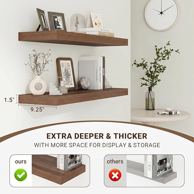 Acovy 72 Inch Floating Shelves, 3D Textured Wood Grain, 72"x9.25"x1.5" Inch Deep Floating Shelves for Wall, Wooden Shelves for Bathroom, Bedroom, Living Room, Walnut, 1 Piece