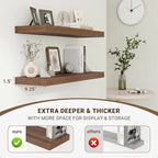 Acovy 24 Inch Floating Shelves, 24"x9.25"x1.5" Inch Deep Floating Shelves for Wall, Wooden Shelves for Bathroom, Bedroom, Living Room, Walnut, 2 Pieces