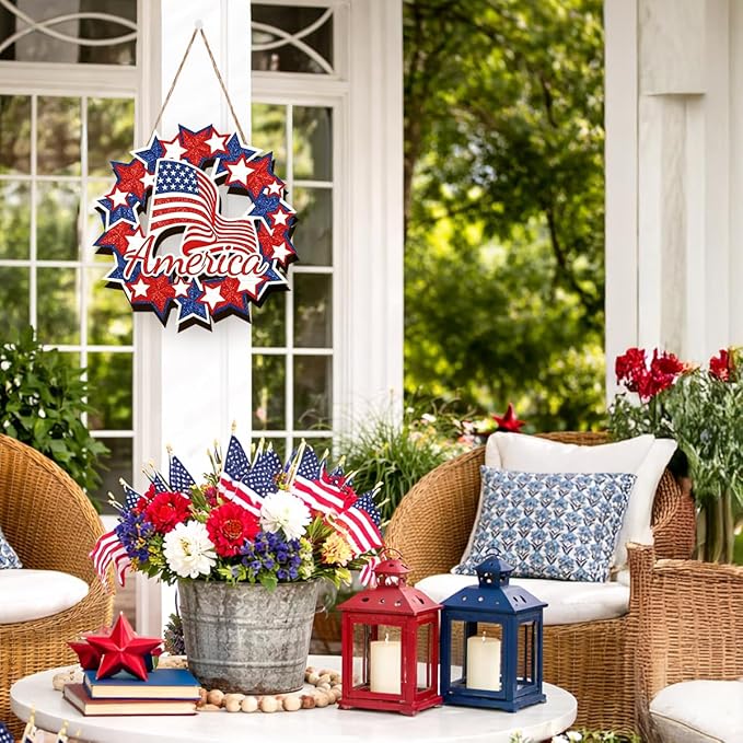 Wooden 4th of July Decorations Patriotic Wreath Independence Day Decorations Front Door with Star Sign Welcome Memorial Day Hanging for Home Wall Decor Outdoor Indoor Red White and Blue Wreath 2