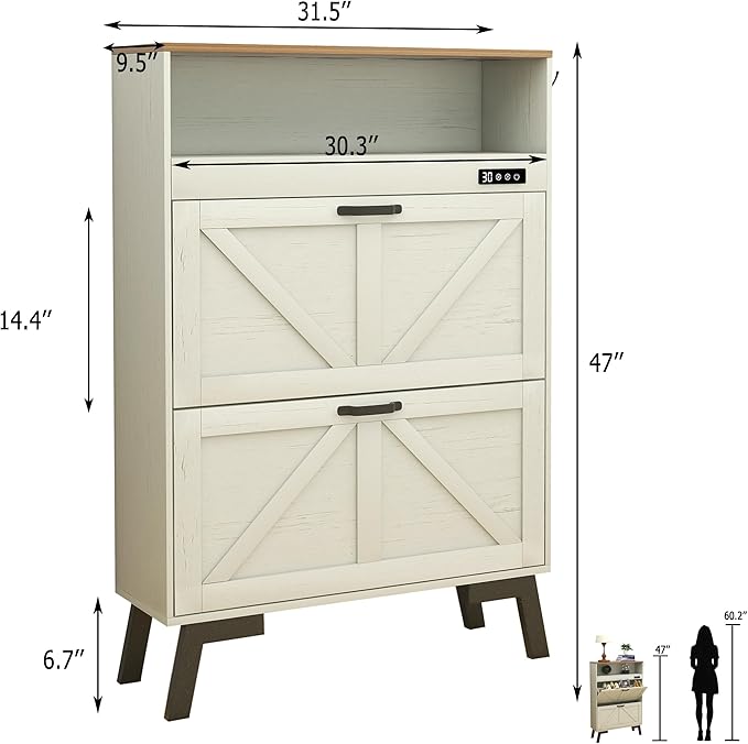 TaoHFE Deodorizing Shoe Organizer Cabinet Storage for Entryway,Shoe Cabinet Storage with 2 Flip Drawers,White Fluted Shoe Cabinet with Air-Purifier,Farmhouse Hidden Cabinet