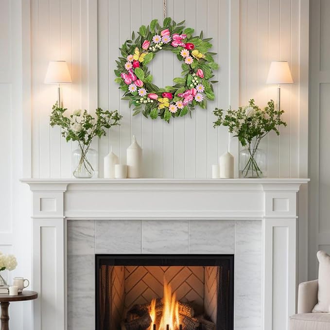 Artificial Spring Summer Wreaths with Tulips Daisies Butterflies Berries Olive Green Leaves Handmade Floral Wreath for Front Door Farmhouse Indoor Outdoor Wedding Home Decor