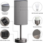 Fenmzee Grey Nightstand Bedroom Lamp - 3 Way Dimmable Bedside Lamp USB C A Charging Ports and AC Outlet, Small Table Lamp Linen Lampshade for Office Desk