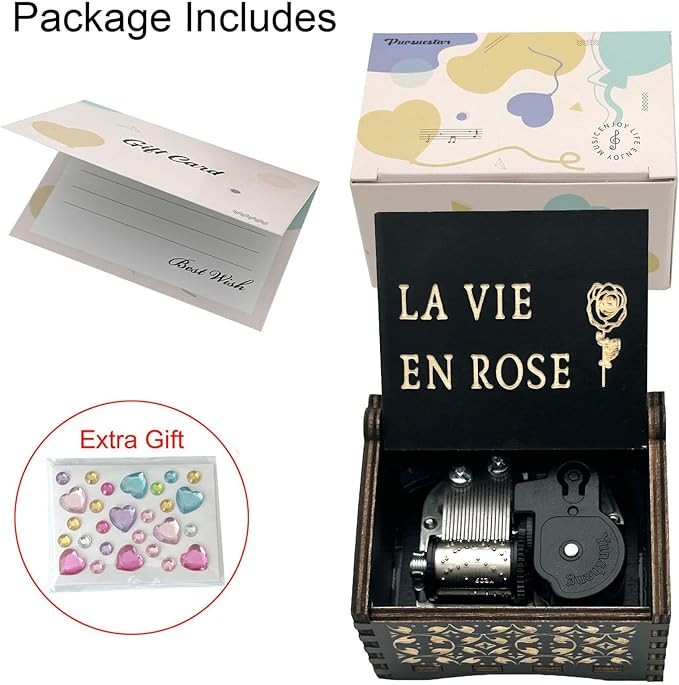 Pursuestar Wind Up Music Box -La Vie En Rose, Vintage Engraved Wood Mechanism Musical Gifts for Mother's Day Valentine's Day Anniversary Birthday Christmas Thanksgiving