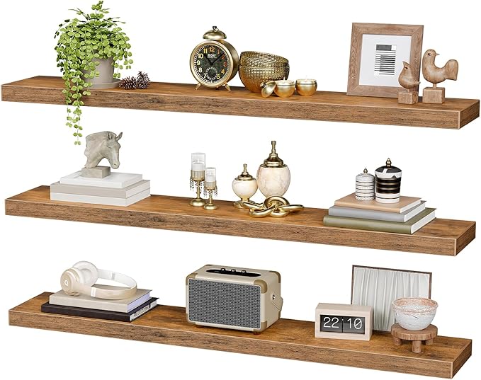 RALGEND Floating Shelves for Wall, 1.5" Thick Wall Shelf Set of 3 with Invisible Bracket, L47.2 x W7.9 Hanging Shelves Farmhouse Home Decor for Bathroom, Living Room, Bedroom, Rustic Brown 12301BJP3BF