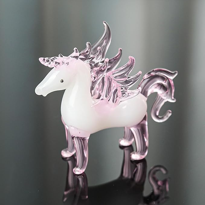 LONGWIN Crystal Pink Unicorn with Wings Animal Collectible Figurines, Hand Blown Glass Animal Gifts for Girls and Women Home Decor