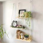 3-Tier Boho Hanging Shelves for Wall - Rustic Floating Wood Shelves with Rope, Macrame Plant Shelf Organizer for Home Decor - Farmhouse, Bohemian Style for Bedroom, Bathroom, Kitchen