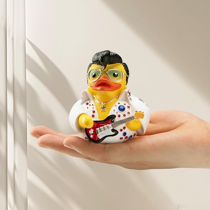 Elvis Duck Figurine, White Jumpsuit Design with Rhinestones, Decorative Collectible, 3.14 x 3.14 x 2.75 inches