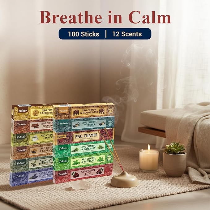 Tulasi Nag Champa Incense Sticks Assorted/Variety Pack – 180 Hand Rolled Sticks, 12 Natural Scents | Sandalwood, Lavender, Vanilla, White Sage | Meditation & Yoga Aromatherapy