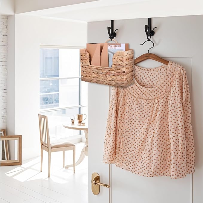 WLLHYF Woven Hanging Magazine Holder Water Hyacinth Storage Basket Wall Mounted Wicker Organizer Boho Modern Farmhouse Book Rack with Handle File Newspaper Mail Holder for Home Office