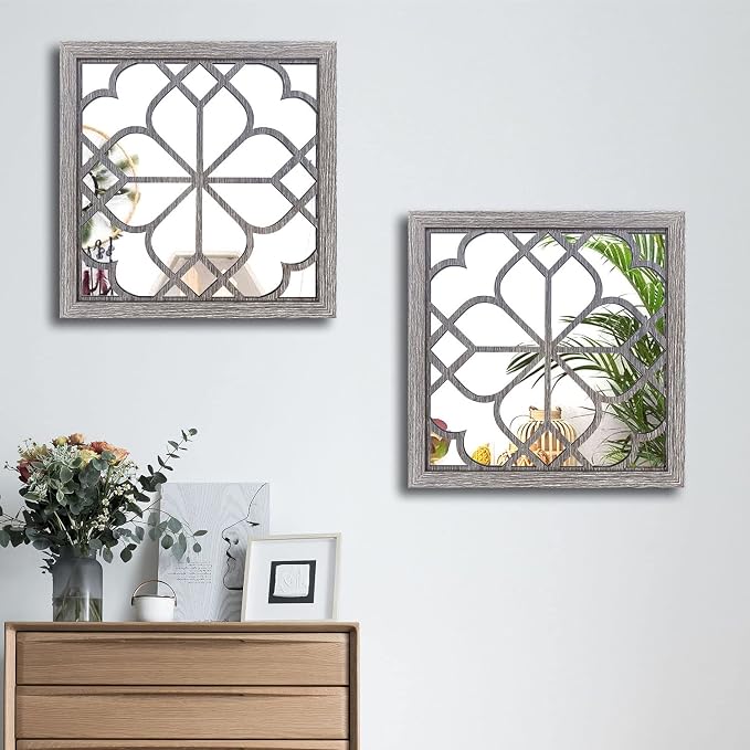 Wocred 2 PCS Square Wall Mirror,Gorgeous Rustic Farmhouse Accent Mirror,Barn Wood Color Entry Mirror for Bathroom Renovation,Bedrooms,Living Rooms and More(16”x16”)