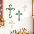 Sungmor 4PC Heavy & Sturdy Embossed Cast Iron Cross Decor for Wall, Beautiful Vintage Decorative Hanging Crosses Wall Decor, Distressed White & Green Religious Wall Sculptures Metal Wall Arts Crosses