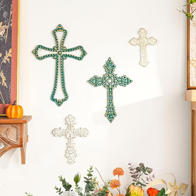 Sungmor 4PC Heavy & Sturdy Embossed Cast Iron Cross Decor for Wall, Beautiful Vintage Decorative Hanging Crosses Wall Decor, Distressed White & Green Religious Wall Sculptures Metal Wall Arts Crosses