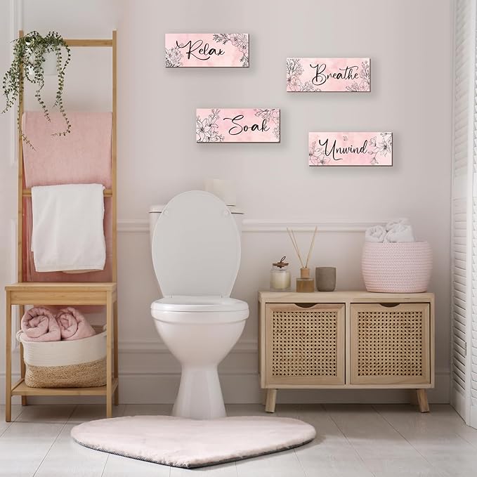 ONIZHITY 4 Pieces Pink Wall Decor Pink Floral Bathroom Decor Wooden Girls Room with Relax Soak Unwind Breathe Positive Hanging Wall Art for Girl Teen Women Bedroom Living Room Decoration (10X4In)