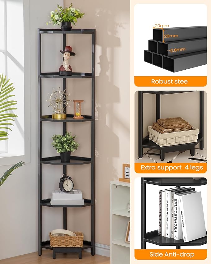 Hzuaneri Corner Shelf Stand, Corner Bookshelf, Storage Standing Shelf Unit with Metal Frame, Plant Stand, Bookcase for Living Room, Home Office, Bedroom, 6-Tier Black CS06006B