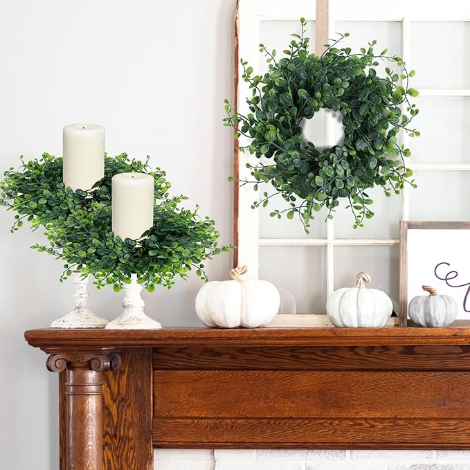 6 Pcs Mini Green Boxwood Candle Rings Wreaths Spring Summer Kitchen Cabinet Swags Wreath 3 Inch Wedding Rings Wreaths Pillar Candle Holder for Wedding Home Door Tabletop Decor