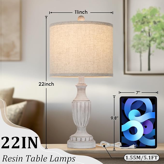 TOBUSA Farmhouse Living Room Table Lamps Set of 2, Grey Rustic Vintage Table Lamps for Bedroom Nightstand, Antique Bedside Desk Lamps with Linen Shade, 22’’ Traditional Resin Lamp Sets for End Table
