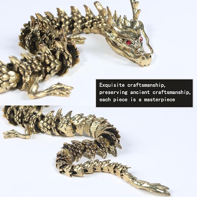 LIYAOLI Metal Large 3D Printed Articulated Chinese Dragon Figurine Statue Bookshelf Decor 15 Inch Copper Flexible Joints Luck Dragon for Home Office Desk Decoration