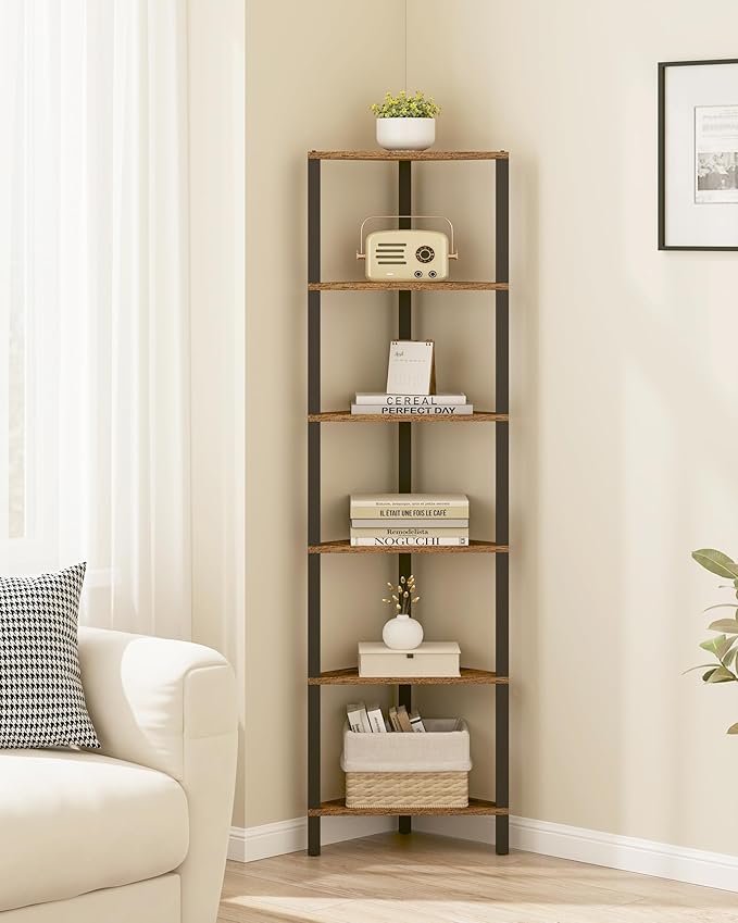 TUTOTAK Corner Shelf, 6-Tier Corner Bookshelf for Small Space, Narrow Display Corner Shelf Stand with Storage Rack, for Living Room, Bedroom, Rustic Brown BS05BB006