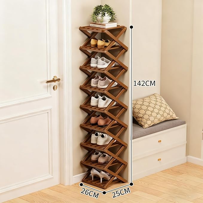 The 9-Tier No-Assembly Bamboo Rack, 2026 Upgraded Foldable Bamboo Shoe Rack, Space-Saving Organizer for Shoes, No Assembly Narrow Shoe Shelf for Entryway Closet Dorm (Brown,7-Tier)