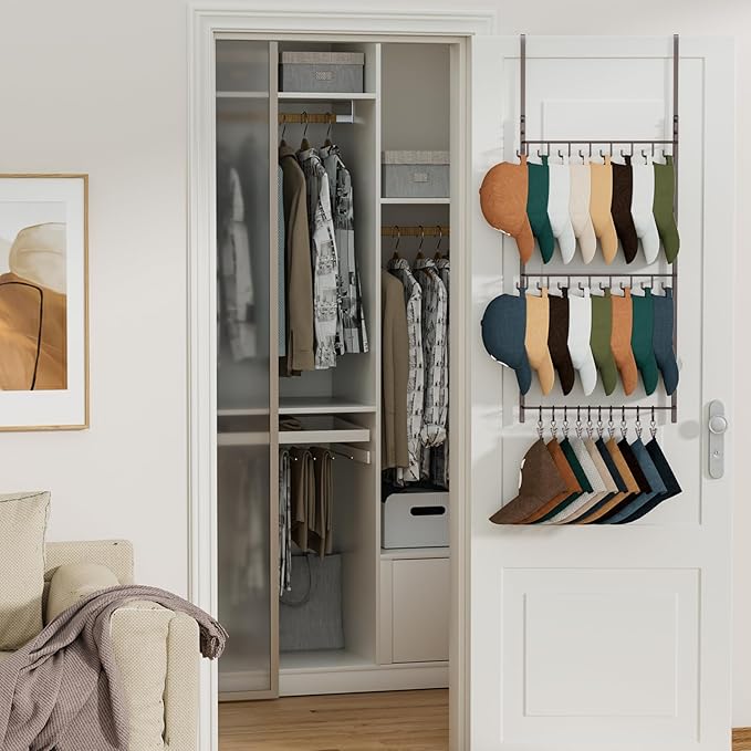 HapiRm Over Door Hat Rack - 3 Tier Wall Mounted Hat Organizer with 16 Hooks and 10 Movable Clips, Cap Hanger Storage up to 26 Caps for Door, Bedroom, Closet USPTO Patent Pending