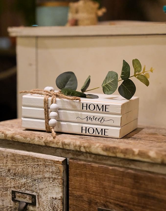 3 Pieces Wooden Decorative White Books, Rustic Farmhouse Faux Books for Coffee Table Shelves with Wood Bead Tassels and Leaves, 7'x 4.6'x 2.5' (Home, Sweet, Home)