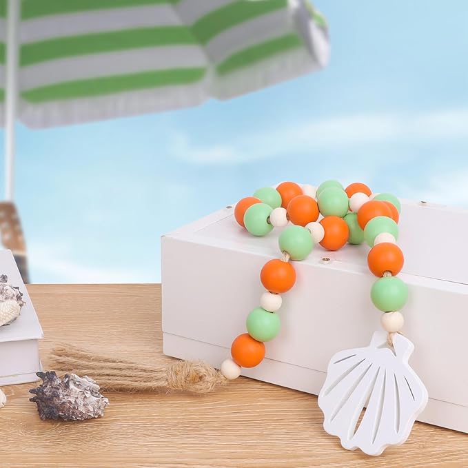 Meplait Wood Bead Garland, Coastal Tassel Garland with Shell Tag Beach Farmhouse Decor for Tiered Tray Table Centerpiece Wall Home Decoration