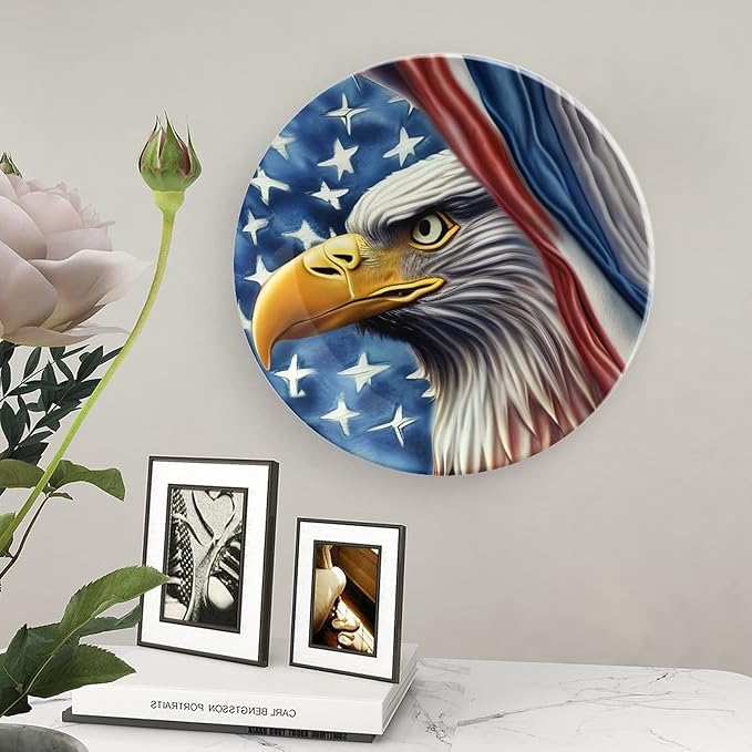Decorative Plates, Eagle and American Flag Patriotic Display Plate for Home Office Kitchen Table Decor Porcelain Plates 8 Inch, Birthday Gifts