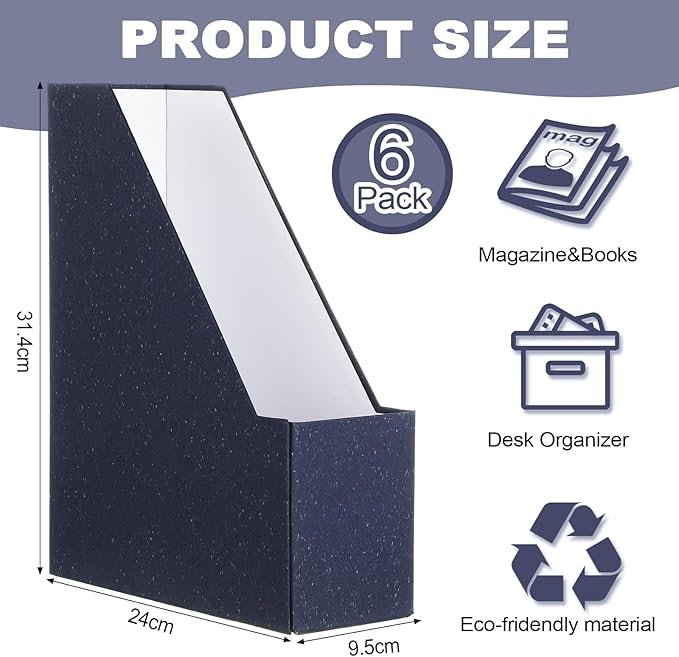 Gueevin Set of 6 Magazine File Holders, Sturdy Cardboard Desk Magazine Organizer with Gold Label Slots, Foldable File Folder Rack for Home Office Classroom Library(Blue)