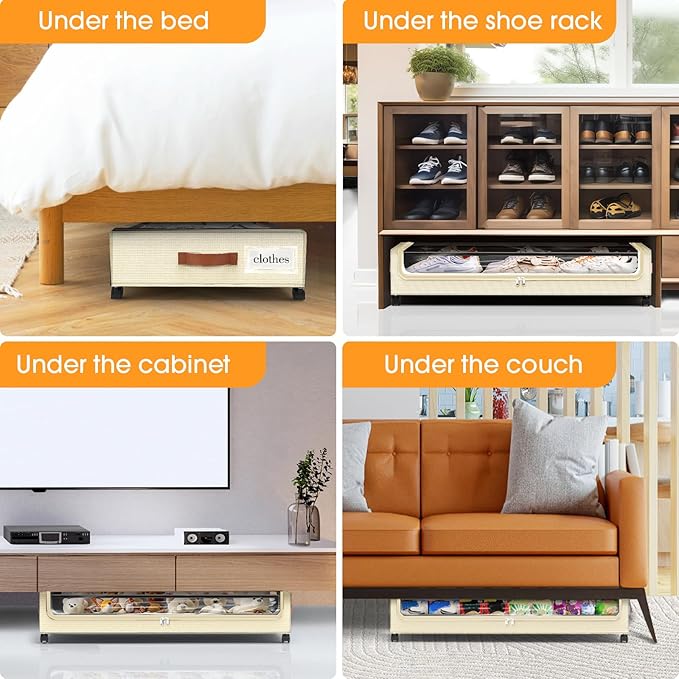 Under Bed Storage with Wheels 1Pack Underbed Storage with Clear Window&Label Under Bed Drawers Large Capacity Rolling Under Bed Storage for Clothes,Shoes, Blankets (Beige)
